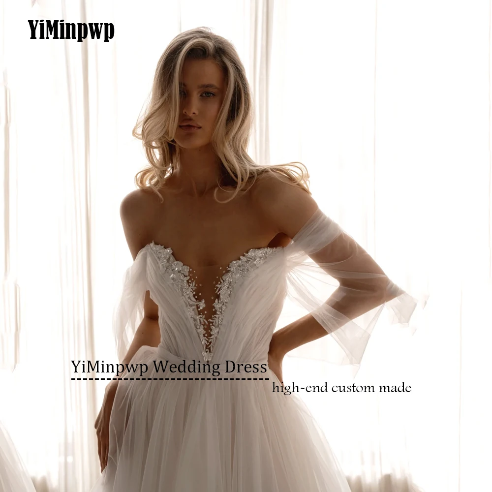 فساتين زفاف شاطئ بوهو على شكل حرف v مزينة على شكل حرف a بدون أكتاف فستان زفاف أبيض على شكل حرف a تول فساتين زفاف العروس حسب الطلب