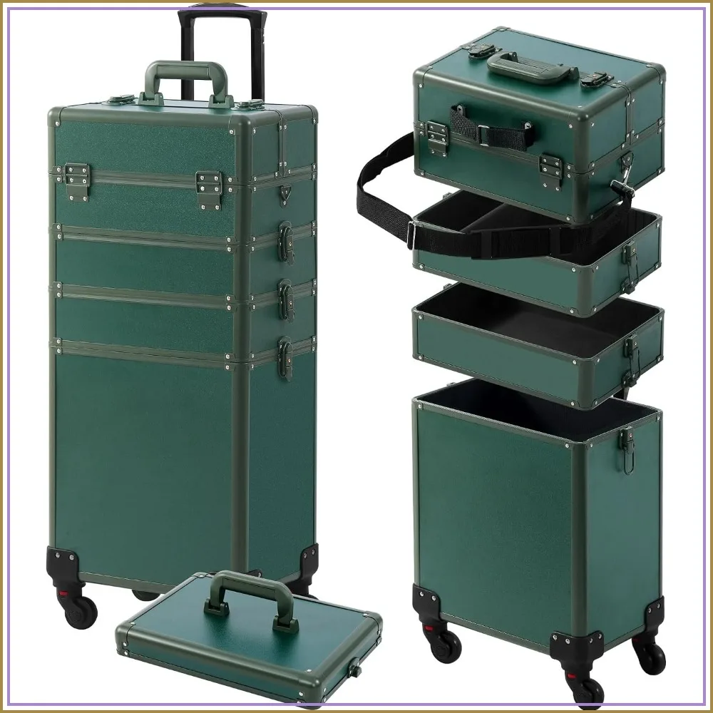 

5-in-1 Rolling Makeup Train Case with Lid, Detachable Compartments, Lockable Wheels, Large Cosmetic Organizer for Salon, Barber, Travel, Green