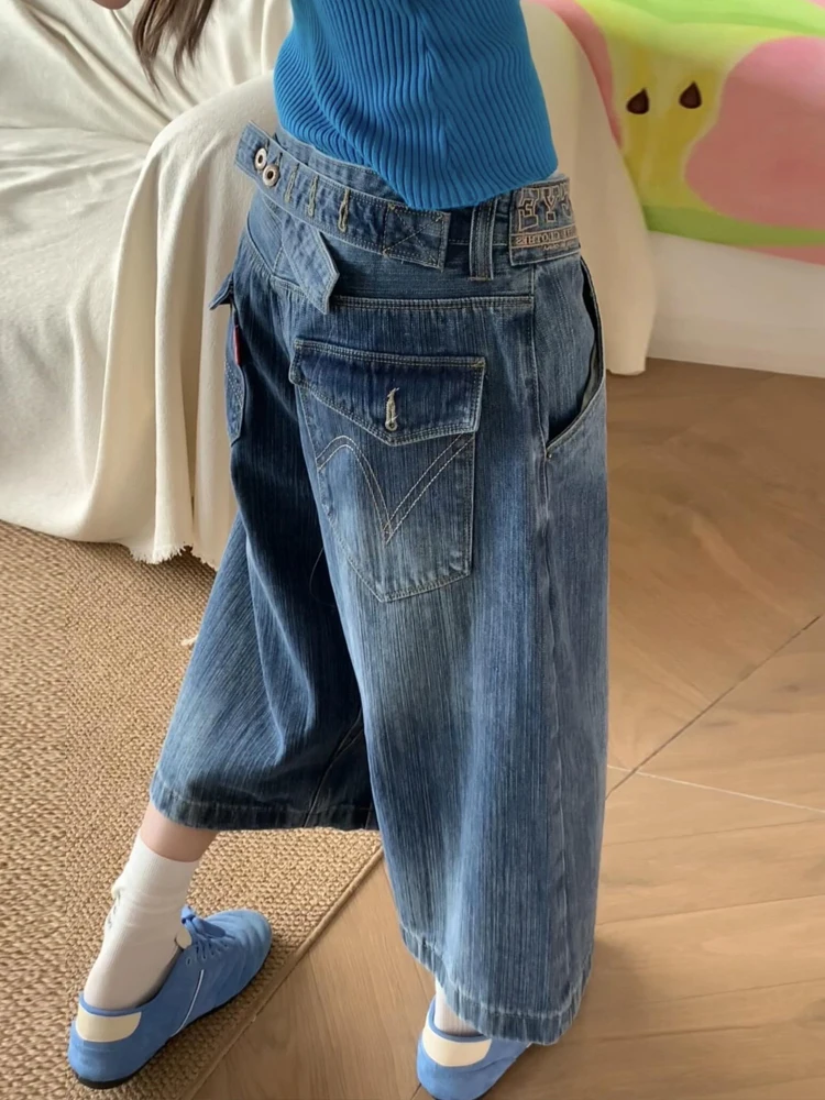Sweet Cool Spicy Girl American Style Seven-Five Denim Shorts Women Summer Design Loose Slim Straight Leg Wide Leg Mid-Pants