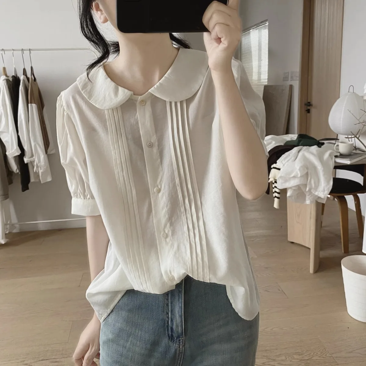 

Short Sleeve Shirts Womens Cotton Patchwork Pintuck Cropped Blouse Daily Commuter Modern Urban Office Lady Minimalist