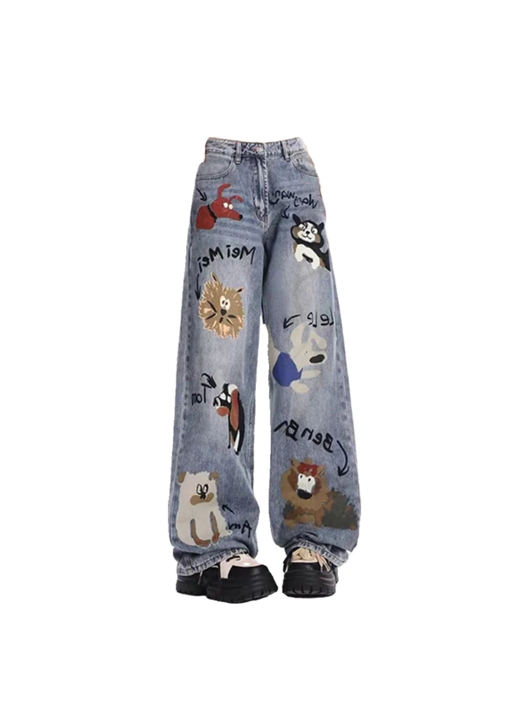 

Women's Graphic Print Blue Baggy Jeans Vintage Y2k 90s Aesthetic Denim Trousers 2000s Harajuku Wide Cowboy Pants Trashy Clothes