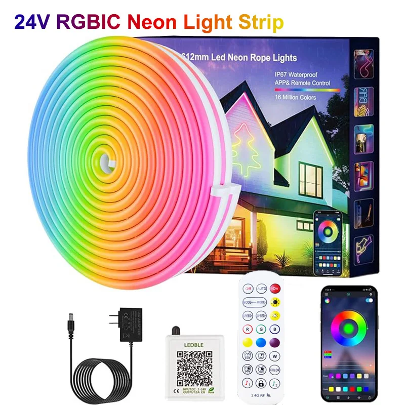 DC24V 3535 RGBIC Neon LED Strip Lights Bluetooth Neon Rope Light with Music Sync Dreamcolor Chasing Strip Tape with EU/US Plug