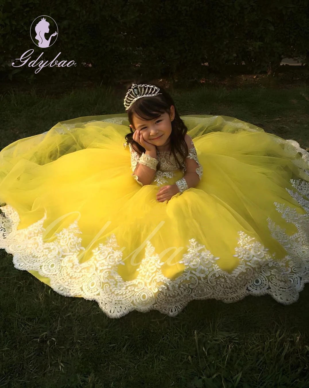 Orange/Yellow Flower Girl Dress For Wedding Lace Applique Puffy Full Sleeves Baby Kids Birthday Party Ball First Communion Gowns