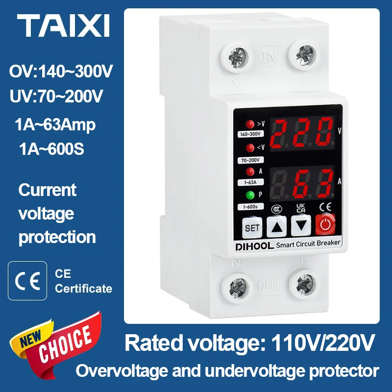 DIN Rail Adjustable Over Under Voltage Current Protective Device AC220V/110V 1-63A Delayed Self Recovery Voltage Protector
