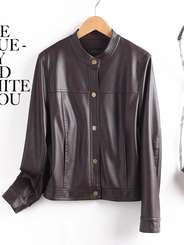 Kurtka motocyklowa damska ze skóry naturalnej na wiosnę 2025, skóra bydlęca, krój regularny, dojazdy do pracy, długa, okrągły dekolt, pojedyncza...