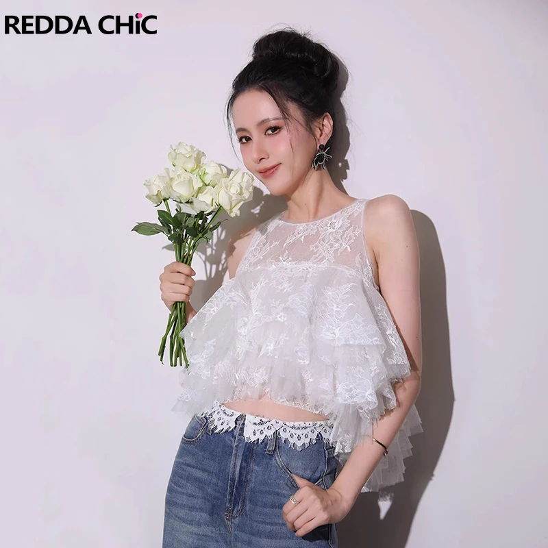 REDDACHiC Layered Ruffle Women Crop Top Fairycore New In Irregular Semi-sheer Lace Blouse Sleeveless Vest Summer Everyday Wear
