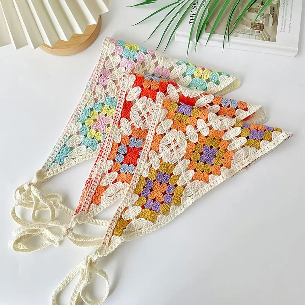 Sweet French Pastoral Style Triangle Headband Handmade Crochet Knitted Headscarf Hat Little Flower Headband Towel Girls