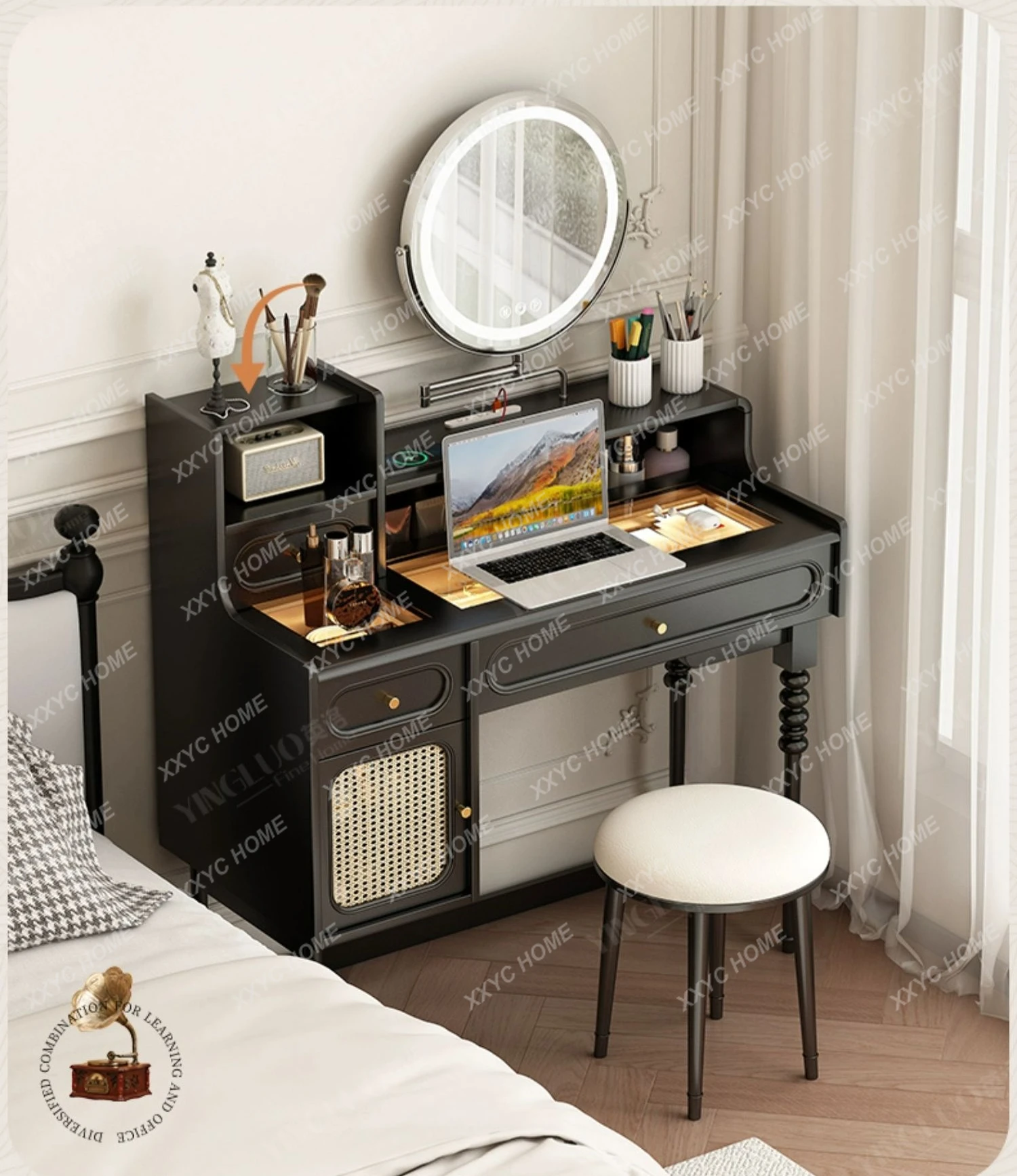 Retro Dresser Bedroom Light Luxury High-Grade Black Antique Style Makeup Table Desk