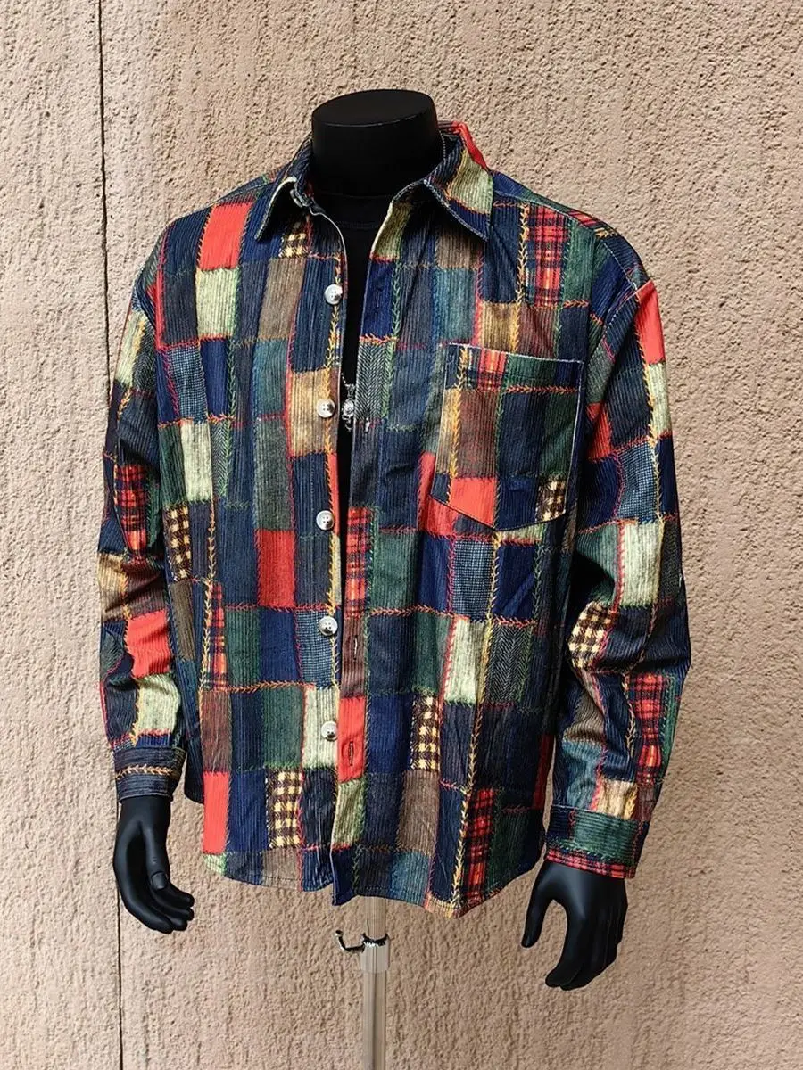 Retro American Plaid Corduroy Long Sleeve Loose Men's Shirt Fashionable Casual Top Ice Sensation Regular Fit Button down