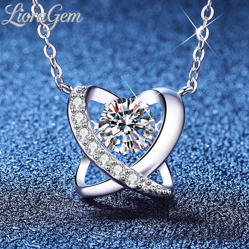 LioraGem Platinum PT950 Women Heart and Butterfly Lively Moissanite Necklace, Versatile Jumping Heart Moissanite Clavicle Chain