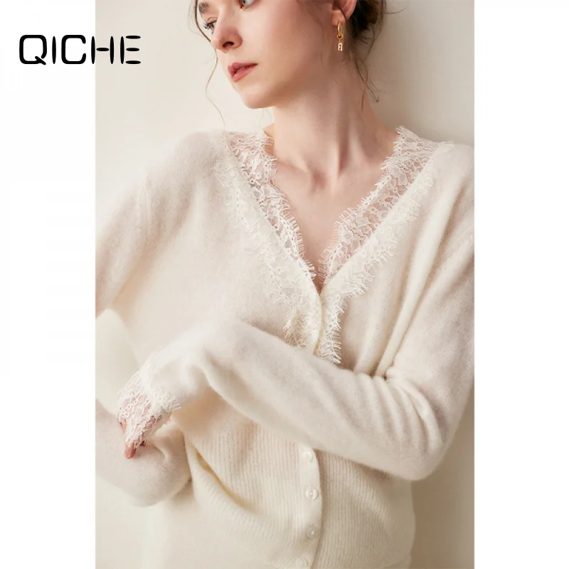 QICHE Women 2026 Autumn Winter V Neck Short Lace Trim Cashmere Cardigan Long Sleeve Wool Knit Sweater Outerwear
