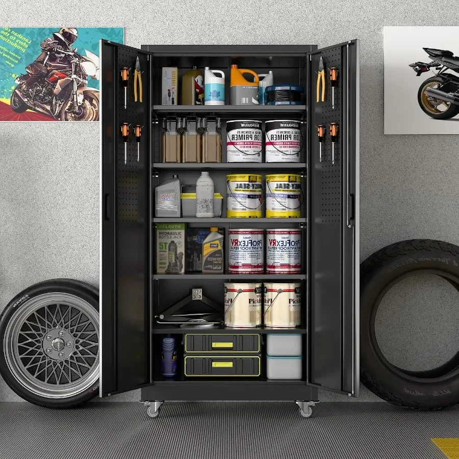 Metal Garage Storage Cabinet with Wheels and Pegboard