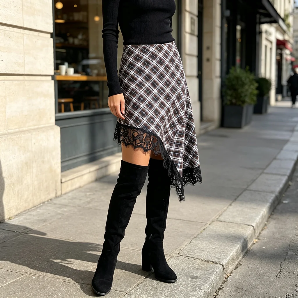 Women Plaid Asymmetrical Midi Skirt High Waist Lace Trim Irregular Hem Vintage Checkered Fall Winter A Line Skirt