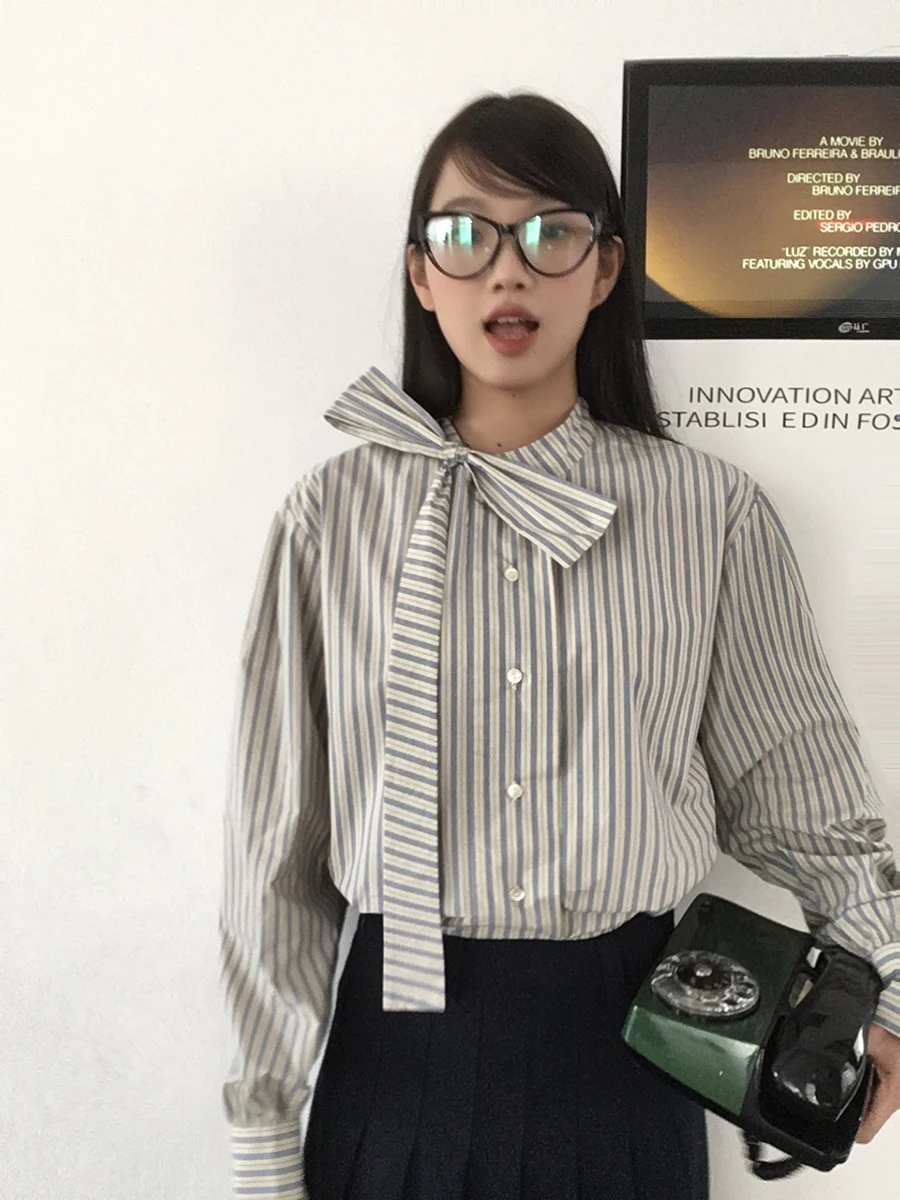 

Spring New Sle Women's Striped irt Long Sve Lazy Faion Design Cotton Comfortable Top Red Personali Museum Quali