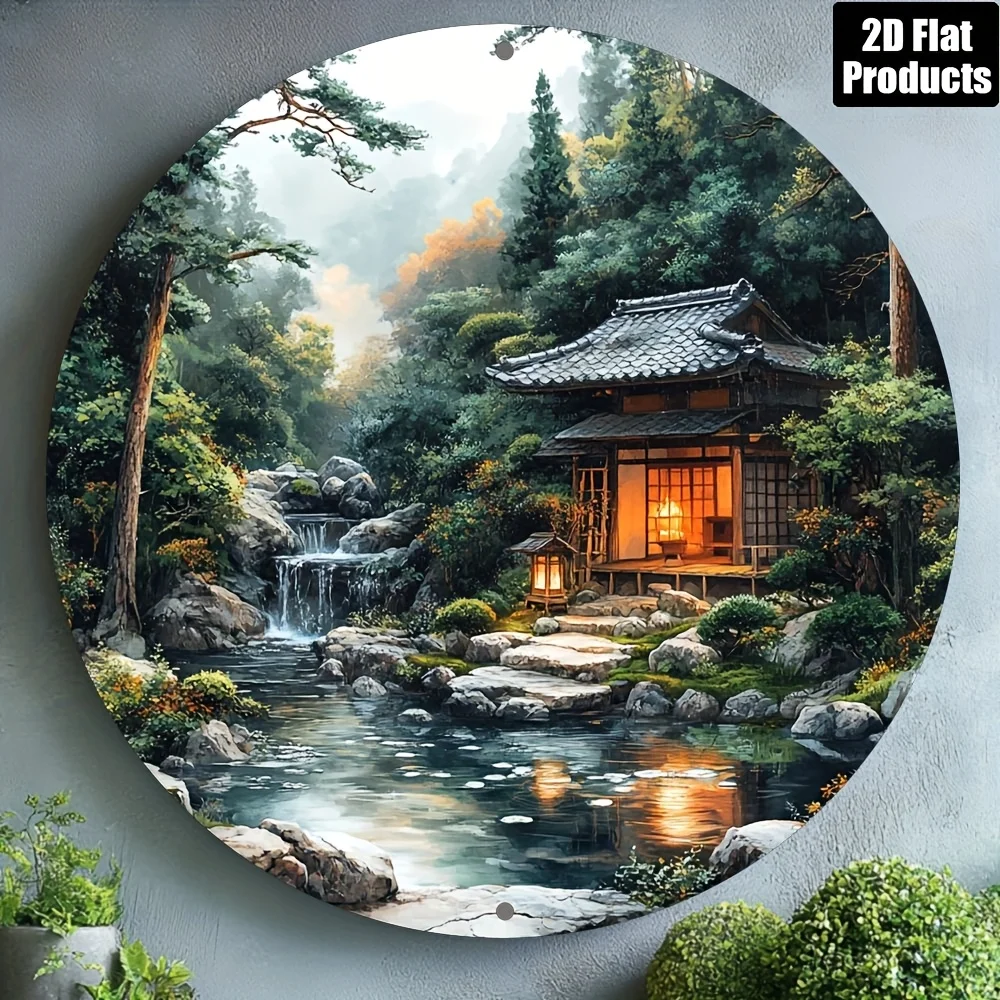 2D Flat, 1pc Japanese Zen Garden Waterfall Scene - 20.32x20.32 cm Round Aluminum Wall Art Decor with Traditional Tea House, Wate