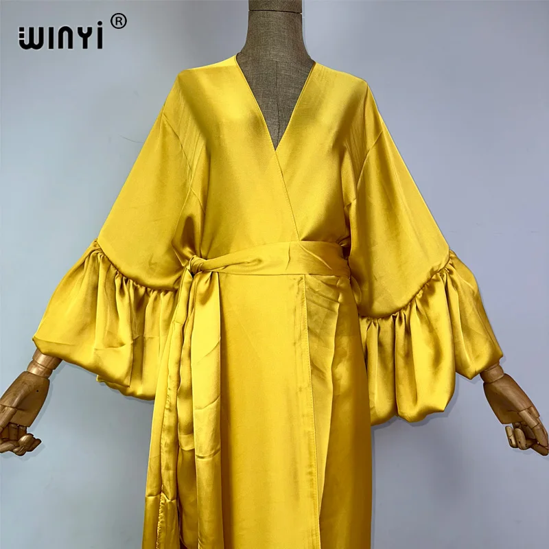 WINYI monocolour Self Belted silk dress Women Elegant Summer holiday Bubble sleeve cardigan beach Wear Swim Suit cover up kimono