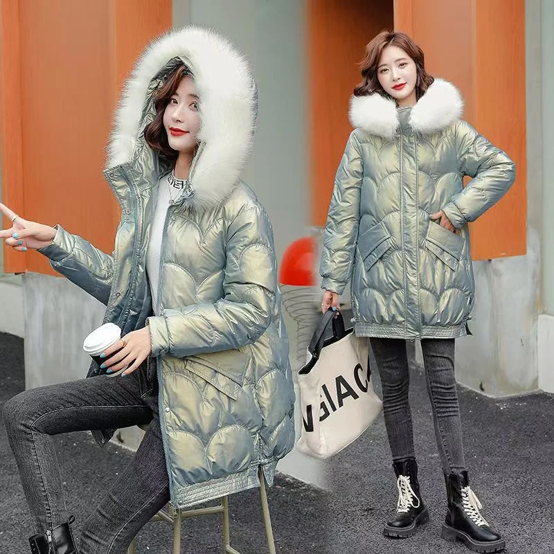 Bright And Washable Cotton-padded Jacket Women's Winter 2024 New Cotton-padded Big Fur Collar Thickened Fashion Of The Long Coat