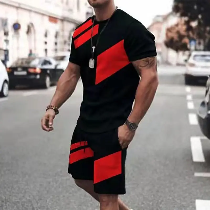 

Men's 3D Color Block Stripe Print T shirt Shorts Set Fashion Men Women T-shirt Outfits Outdoor Street Casual Sport Tee Two-Piece