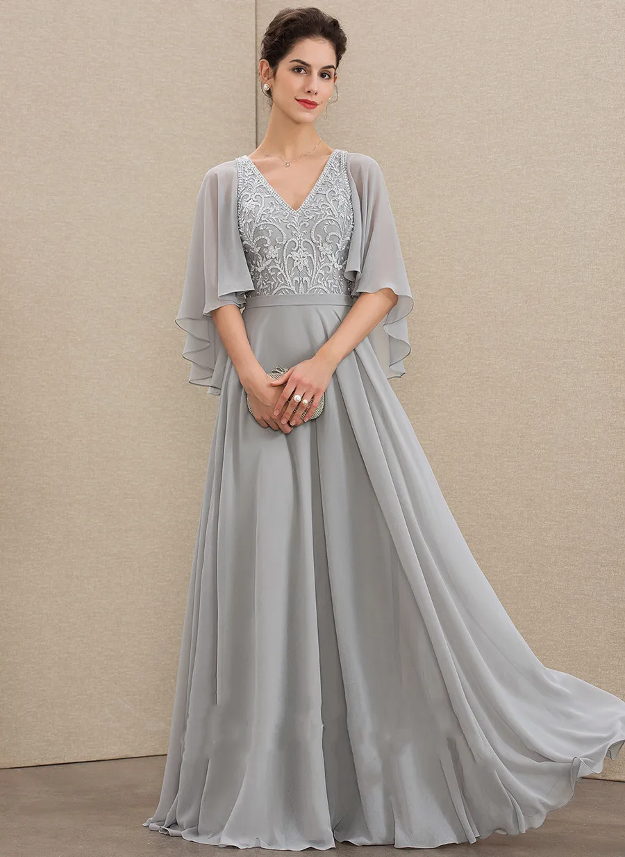 2022Elegant Vneck Floor Length Chiffon Lace Mother of the Bride Dress For Wedding Guest Plus Size Luxury Formal Party Prom Gown