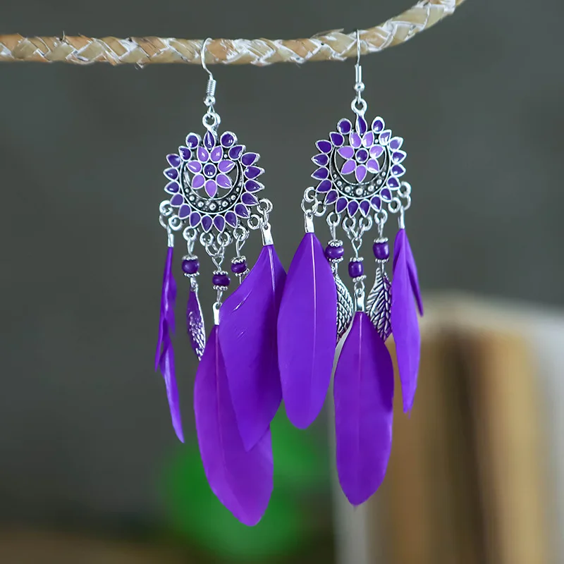 Böhmische lange Feder-Ohrringe für Frauen, klassische ethnische Retro-Temperament-Kette, Blatt-Perlen-Quasten-Ohrringe, Boho-Hochzeitsschmuck – Detail 19