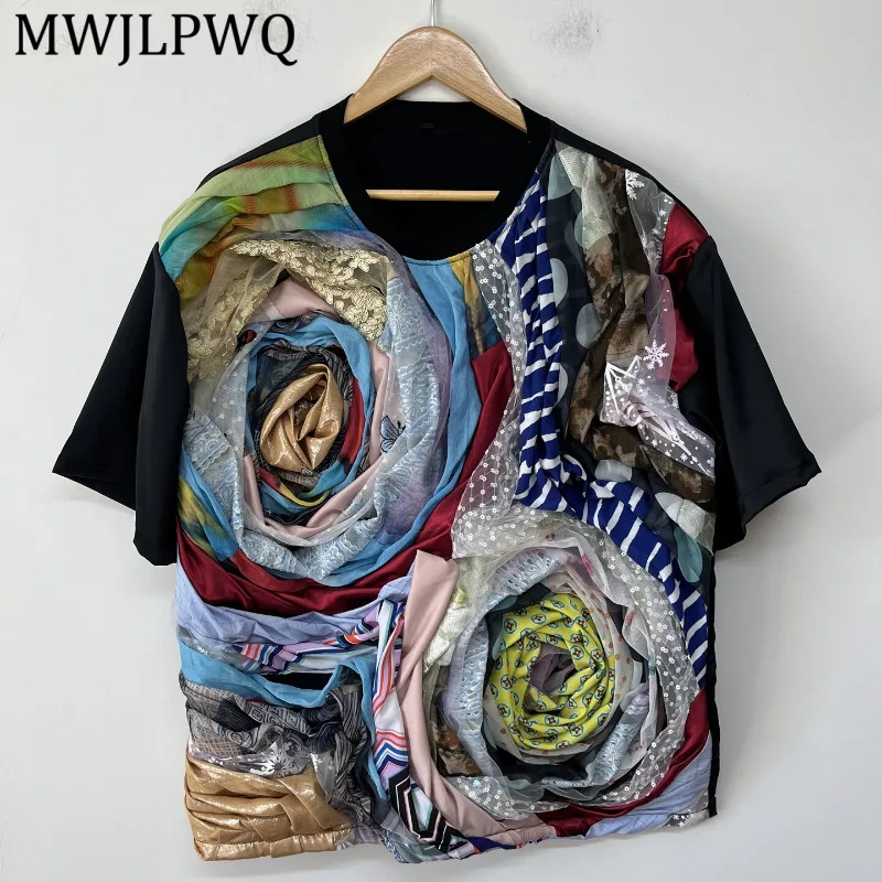 MWJLPWQ Crew Neck Oversized T Shirt Multi Fabric Floral Layered Splice Detail Short Sleeve Men Retro Trend Street Wear 16801