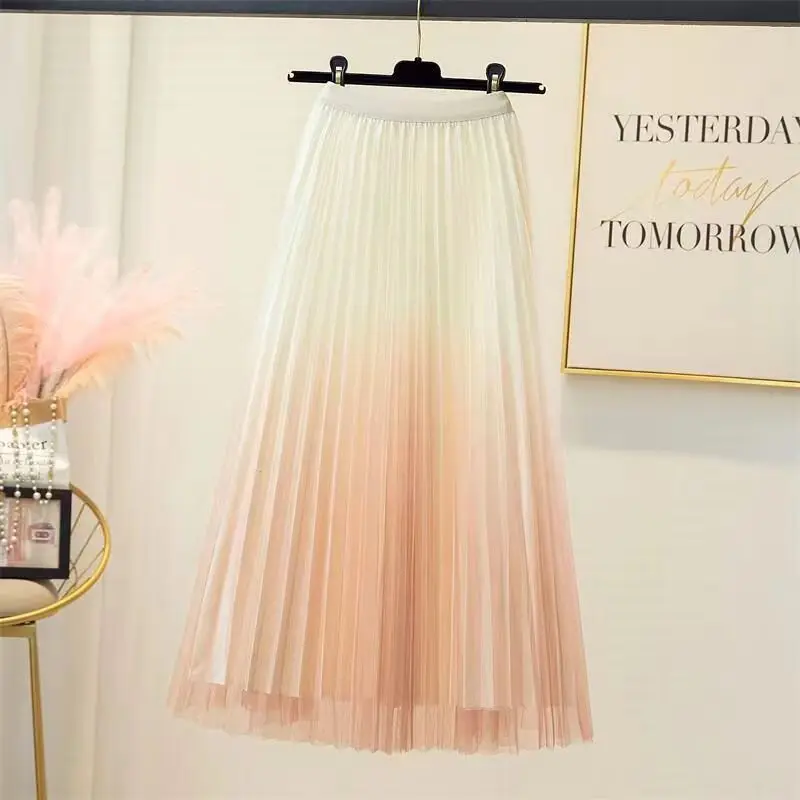 Gradient Pleated Mesh Skirt Women Elastic High Waist Casual A-Line Party Midi Long Skirt Korea Fashion Spring Summer