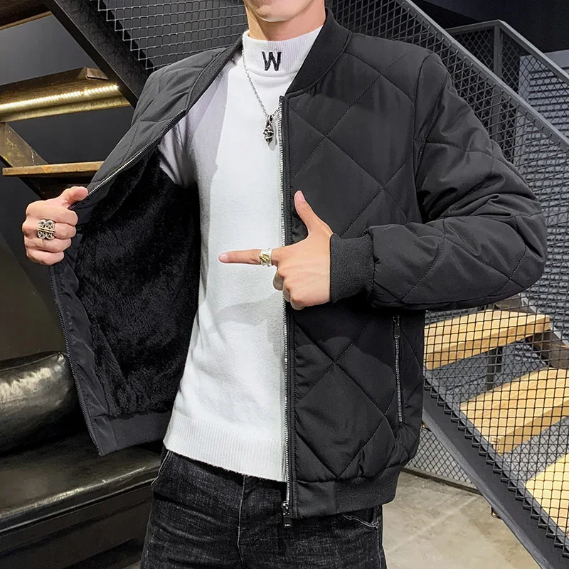 가을 겨울 신상 코튼 패딩 재킷 남성 의류 야구 칼라 파카 재킷 다이아몬드 체크 코트 남성 플러시 푸퍼 재킷
