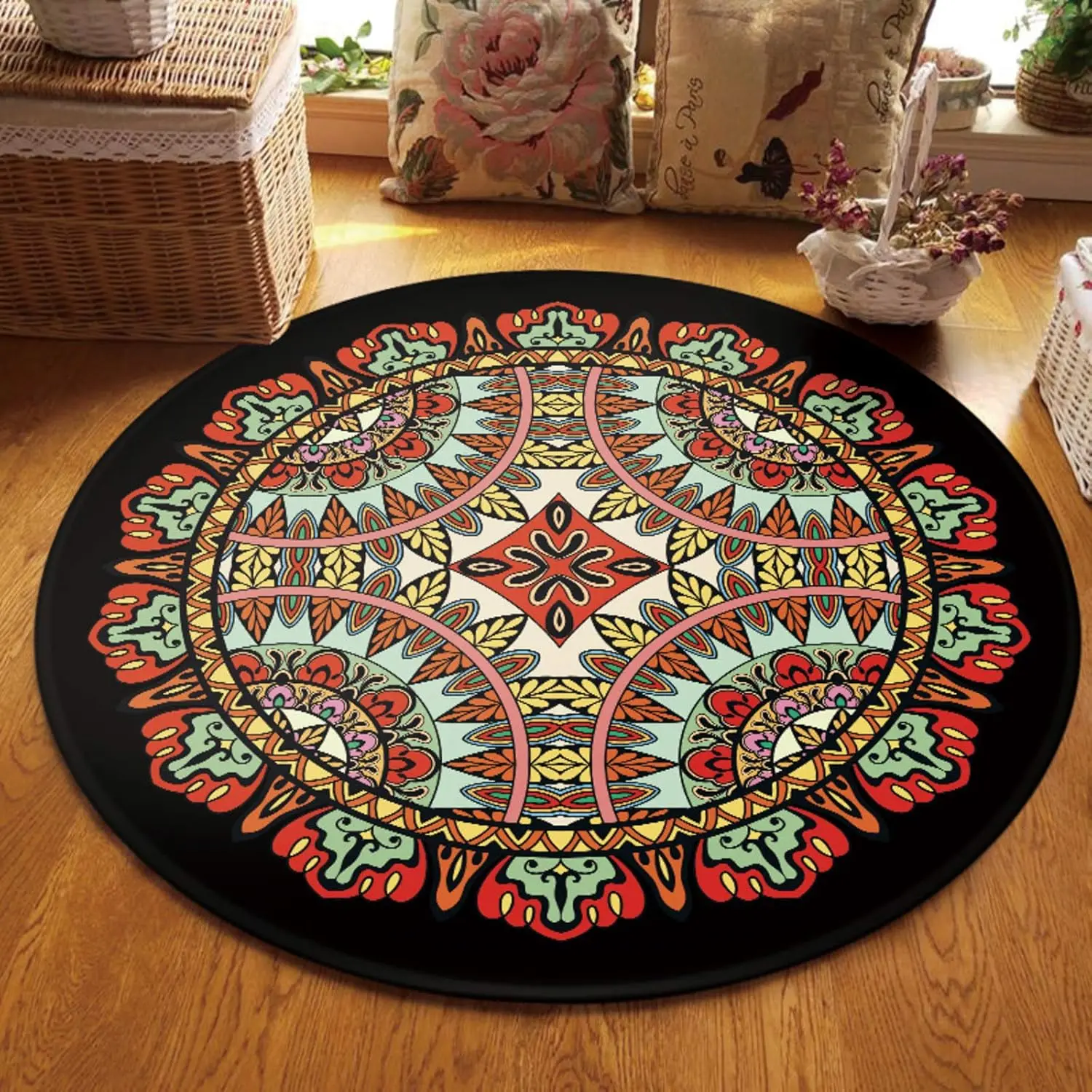 Bold Navy Mandala Round Rug Gold Red White Geometric Pattern for Statement Decor