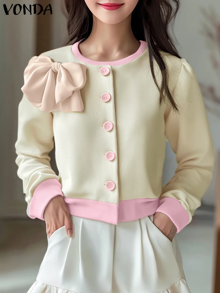 VONDA CasualหลวมOคอเสื้อผู้หญิงเสื้อแขนยาวElegant Splicing Bow Tie Tops 2025 Bohemian Blusasขนาดใหญ่