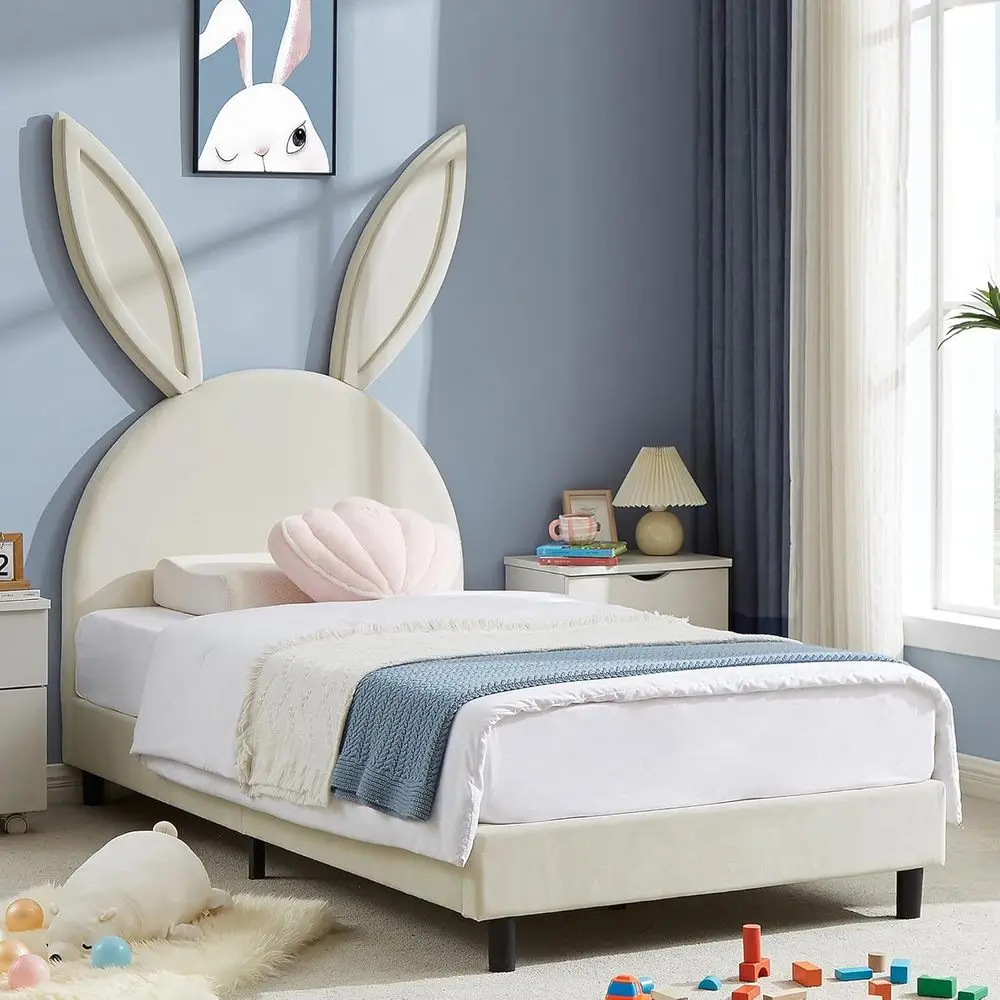 

Kids Twin Size Platorm bed e with Upholstered board, PrincBeds or Girls, 12 Wooden Slats Support, No Boxing Spring Needed