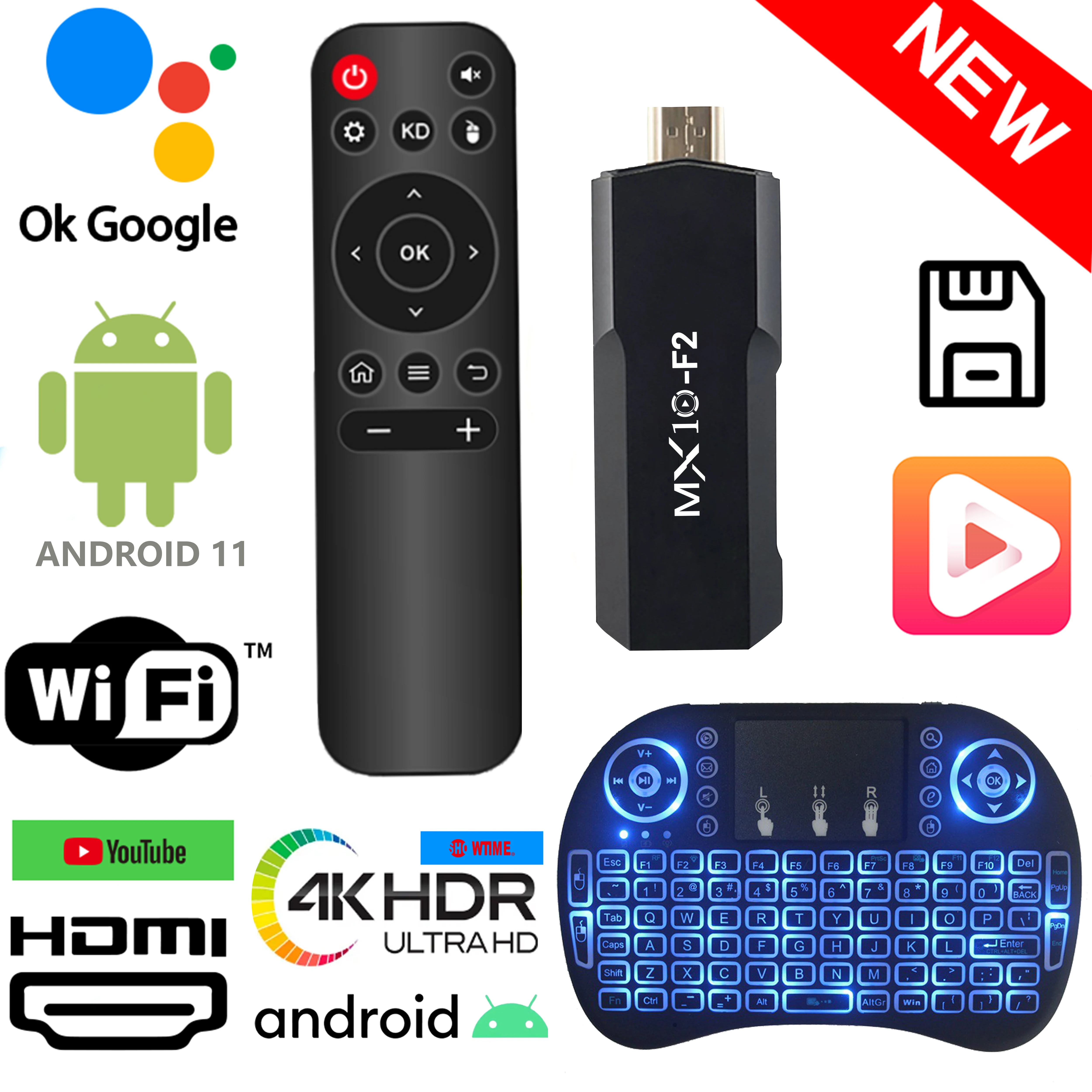 TV Stick MX10 F2 con Fly Air Mouse Control remoto Allwinner RK3228A Bluetooth 2,4G retroiluminación colorida Mini teclado inalámbrico