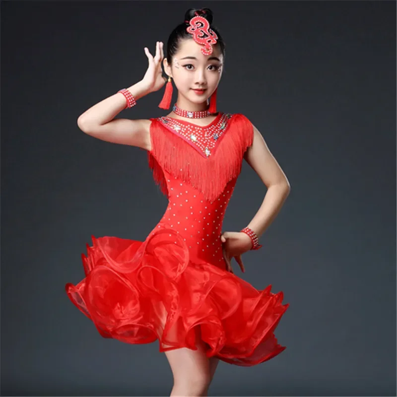 Advanced Bright Diamond Tassel Style Girls' Latin Dance Practice and Grading Competition Fluffy Gauze Dress Performance Costume