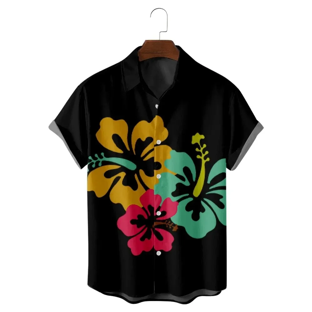 

Men's Shirts Colorful Flowers Print Black Tops Pocketless Cool Summer for Men And Women