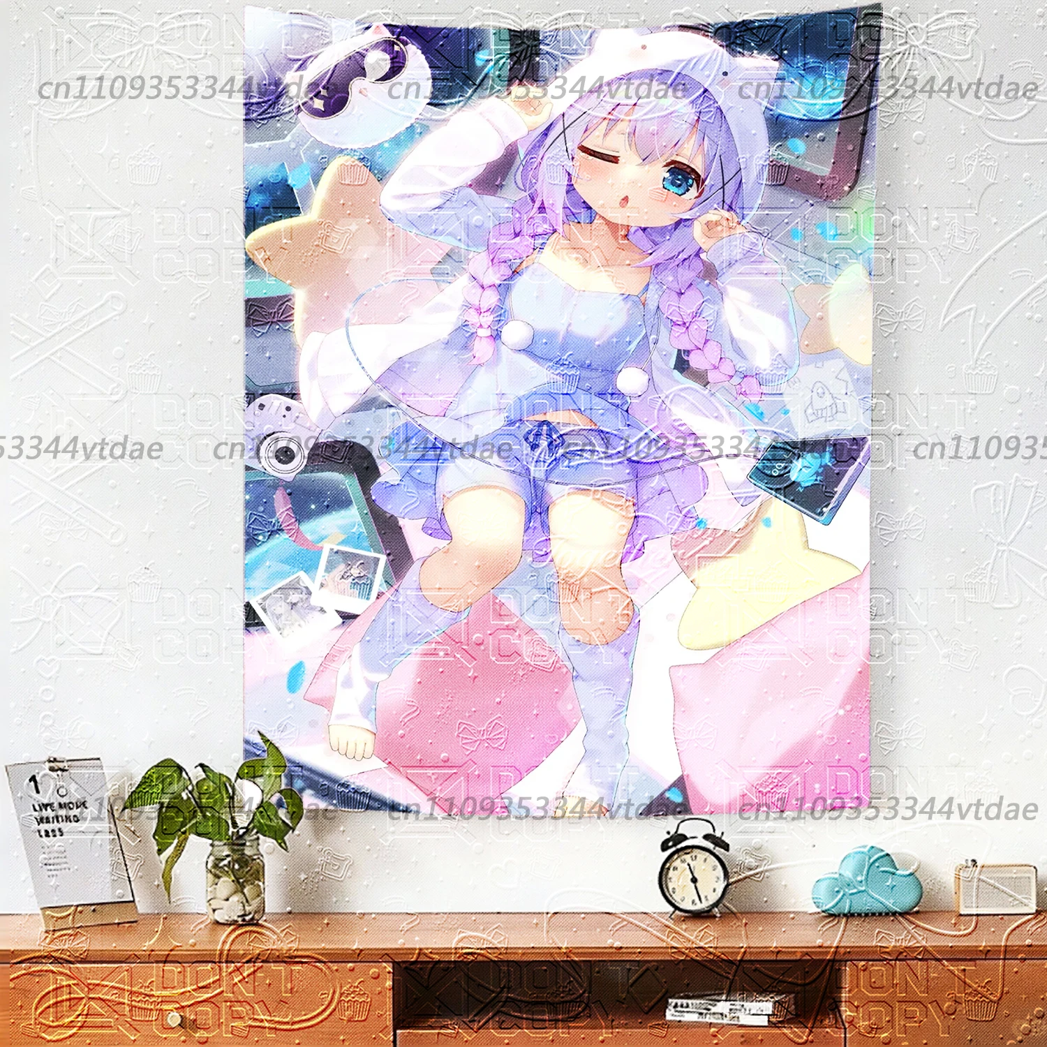 Kawaii Purple Cat Ear Anime Girl Tapestry, Space Starry Wall Hanging, Cozy Sleepwear Aesthetic Background Cloth for Bedroom Dorm