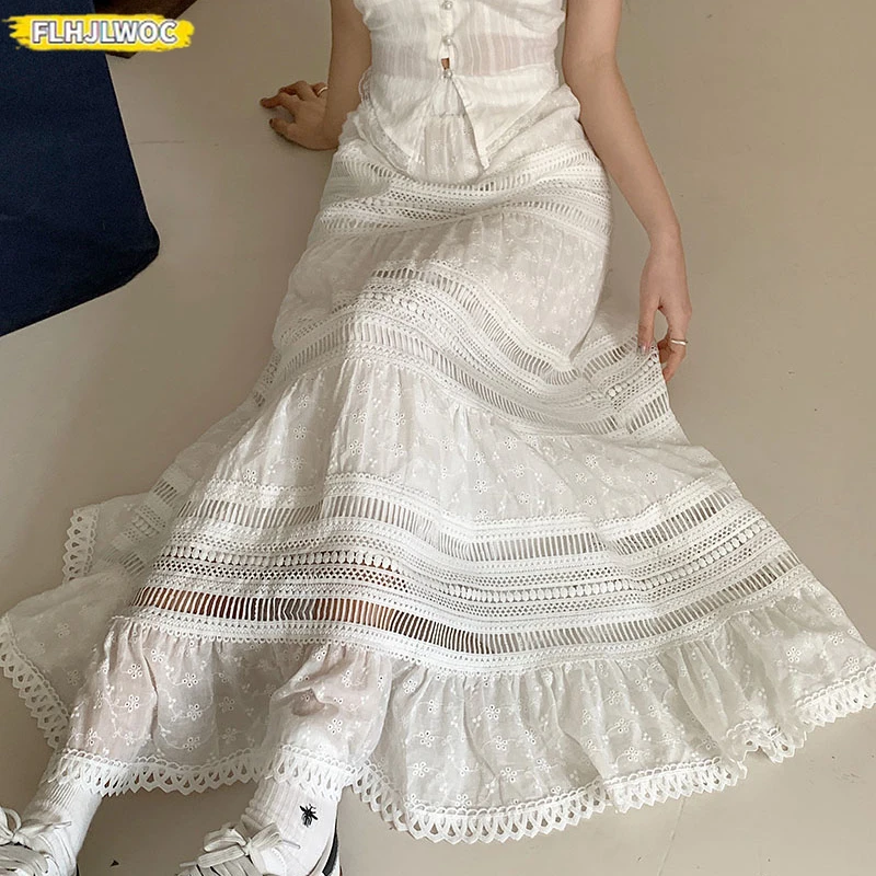 Hollow Out Lace Skirt 2025 Y2K Design Date Girl Women Cute Japan Chic Korea FLHJLWOC Elastic High Waist Ruffles Long Maxi Skirts
