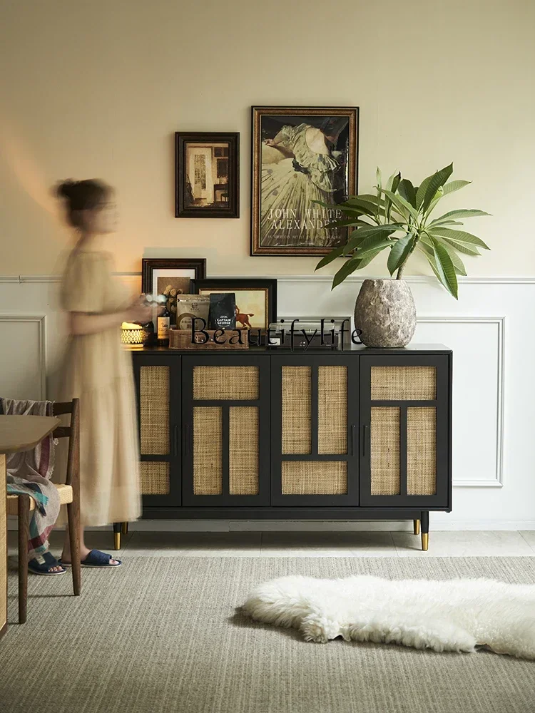 Q S French Solid Wood Storage Cabinet Small Apartment Household Rattan Storage Kitchen Storage Cabinet Vintage Sideboard Cabinet