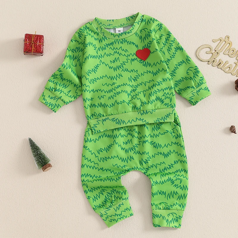 Baby Boy Christmas Outfits Heart Animal Green Long Sleeve Sweatshirt Pants Set Toddler Infant Christmas Clothes