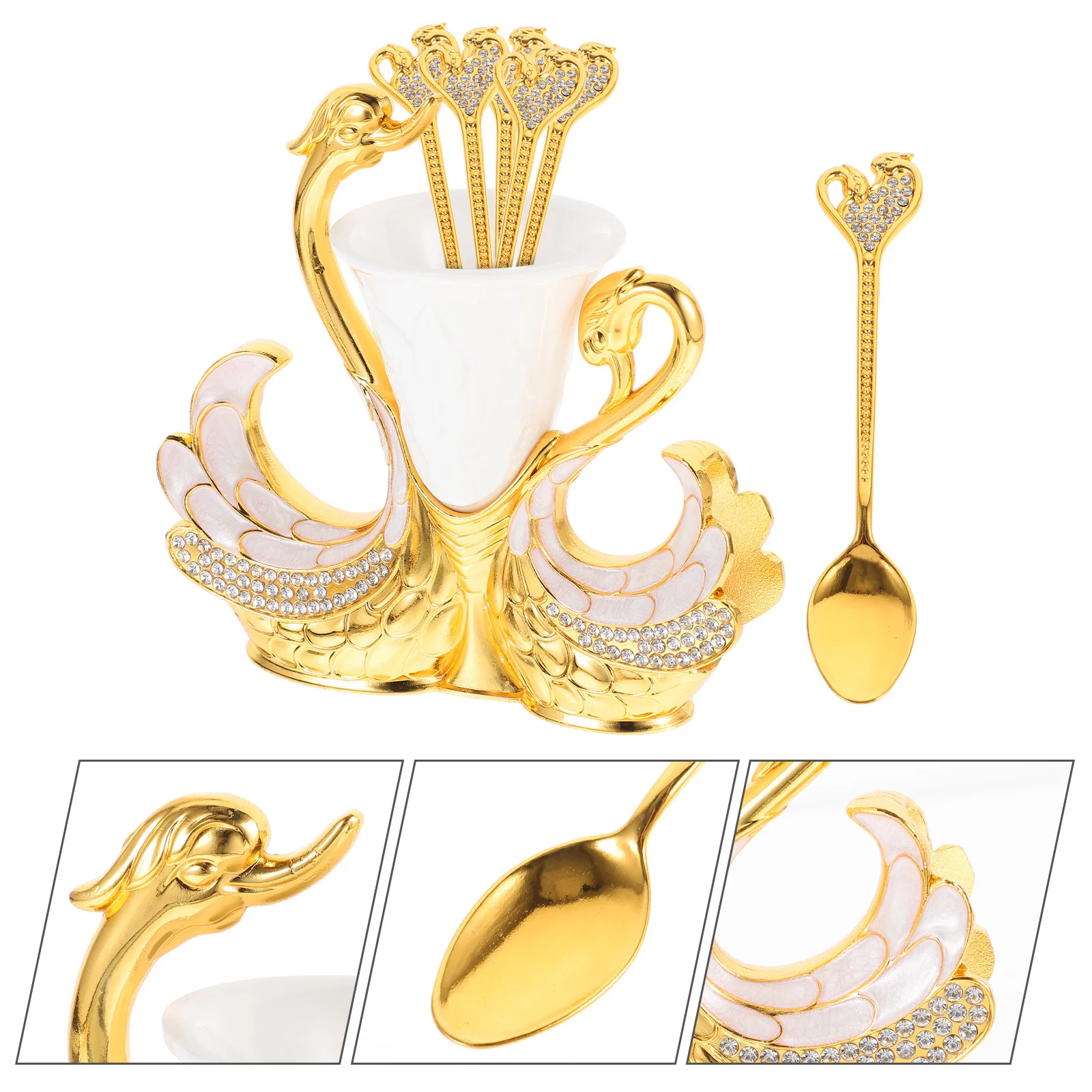 

1 Set Spoons Metal Swan Base Holder Ice Cream Dessert Spoon Organizer Stirring Mixing Spoons Kitchen Utensil Gadget Serving Tool