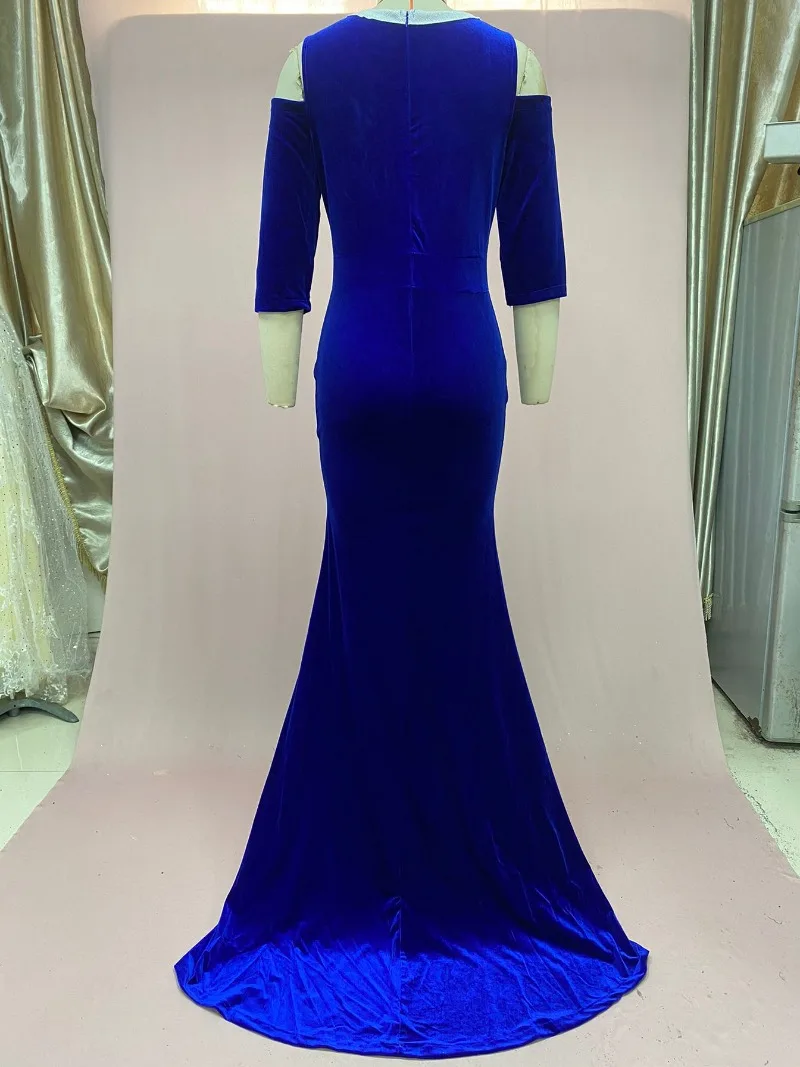 Vestido largo de sirena de terciopelo de retales para mujer, vestido Sexy con cuello redondo y hombros descubiertos, vestido de noche ajustado de manga 3/4, vestido largo para fiesta de cumpleaños