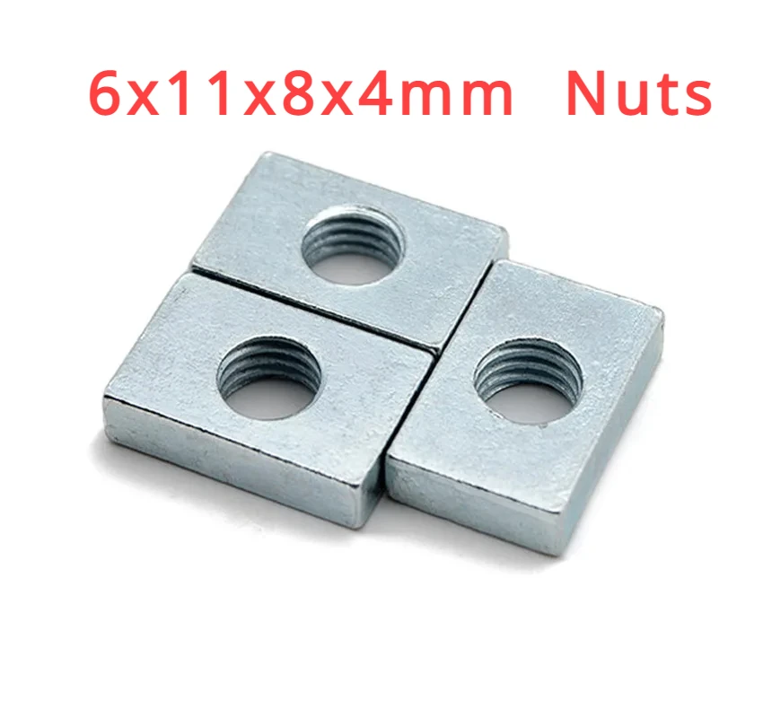 

200pcs GB39 Aluminum Profile Square Nut M6 6x11x8x4mm, Rectangular Nuts Accessory Thin Carbon Steel Countersunk Nut