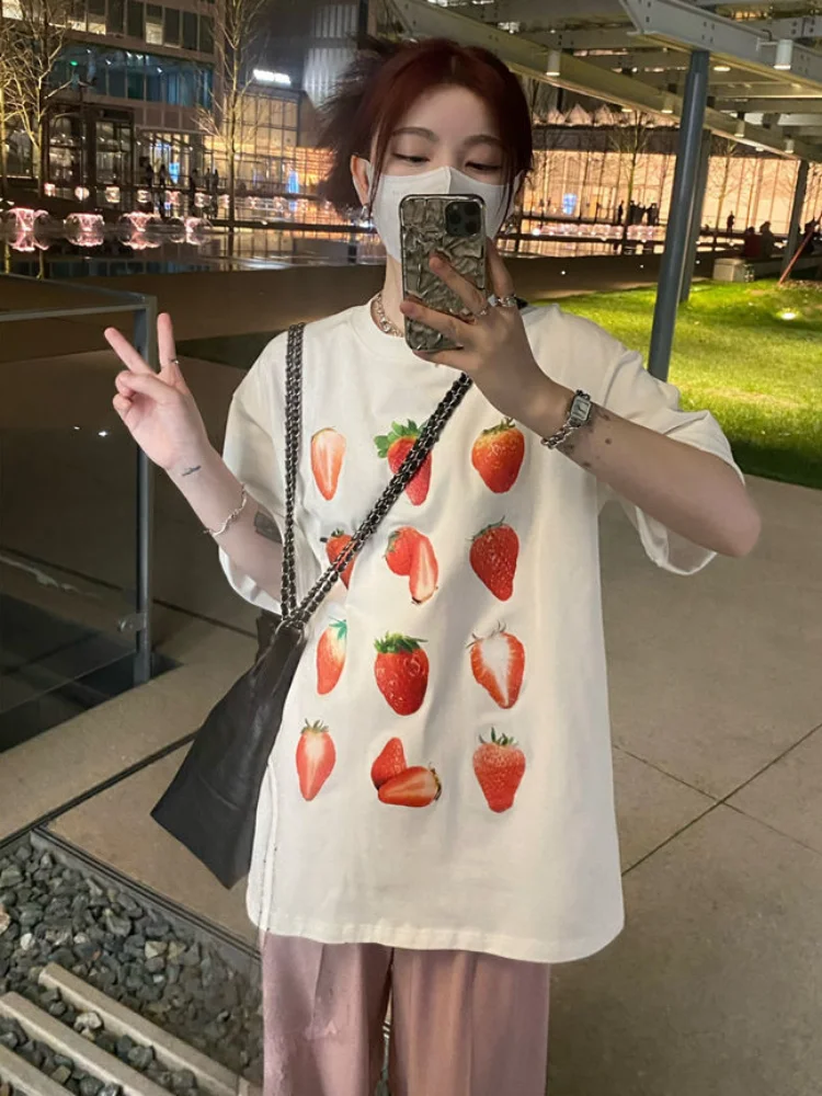 Summer Y2k Aesthetic Strawberry Print T-shirts Loose O Neck Casual Short Sleeve All Match Top Women Fashion Harajuku  Tees