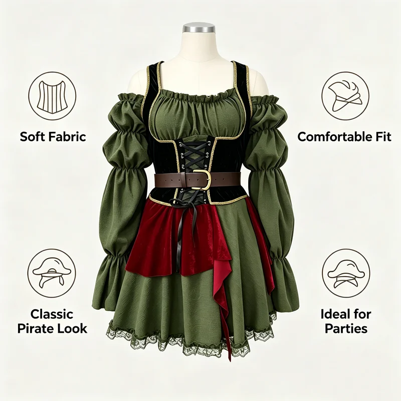 Disfraz de Pirata para Mujer, Vestido Medieval Renacentista (Incluye Cinturón y Tocado), Disfraz de Cosplay para Fiestas Temáticas de Halloween y Carnaval