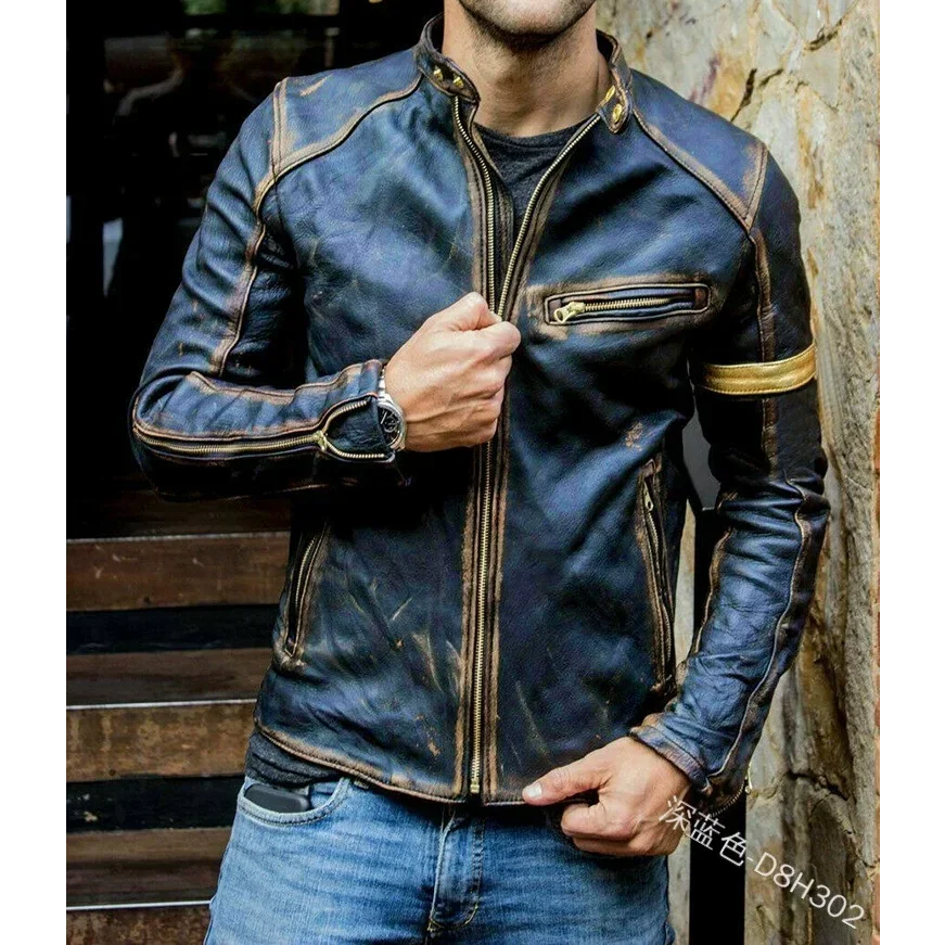 

Classic Biker Jacket Aviator Motor Autumn Coats Men's Black Biker Vintage Motorcycle Cafe Racer Leather Jacket