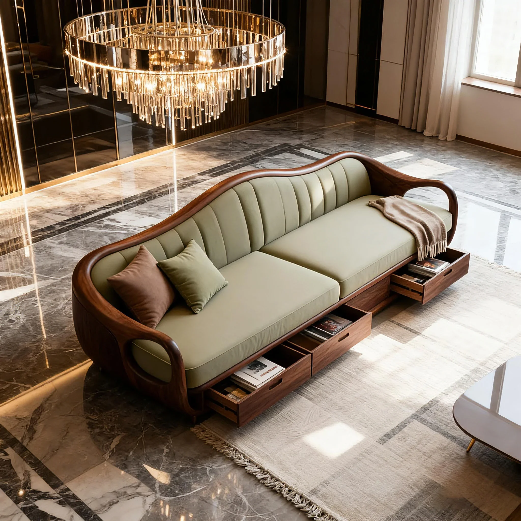 Italian light luxury North American black walnut sofa antique living room straight storage sofa high-end solid wood