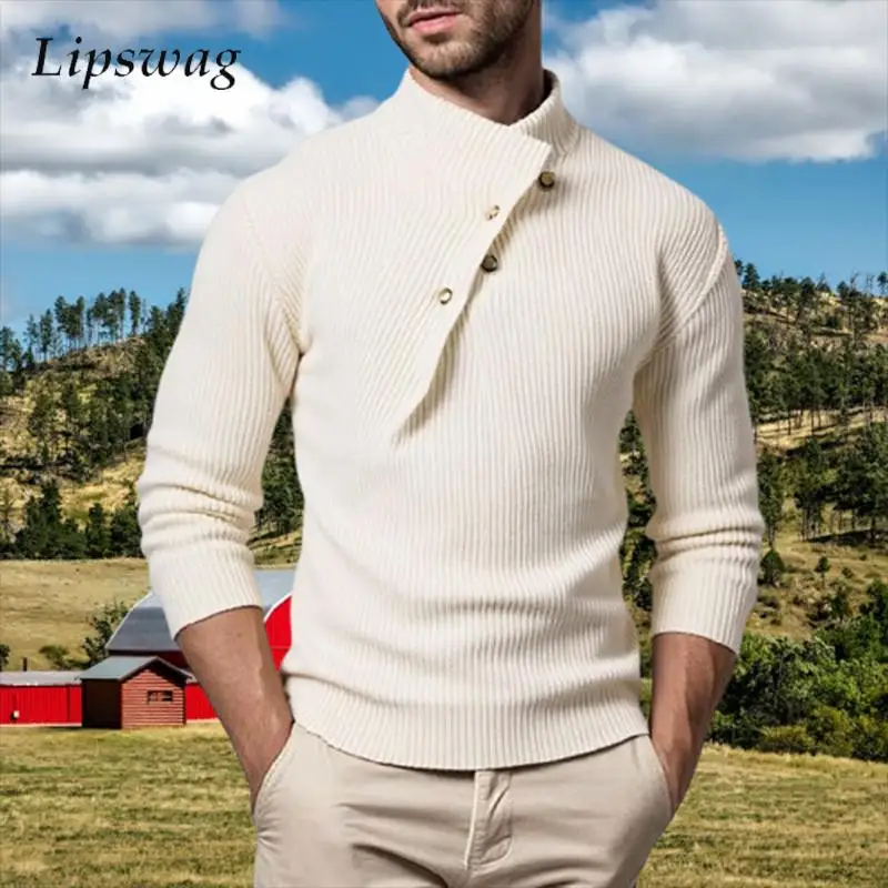 

Модный свитер с воротником-стойкой и нерегулярными пуговицами, мужской осенний винтажный однотонный тонкий джемпер, мужские зимние повседневные вязаные топы с длинными рукавами