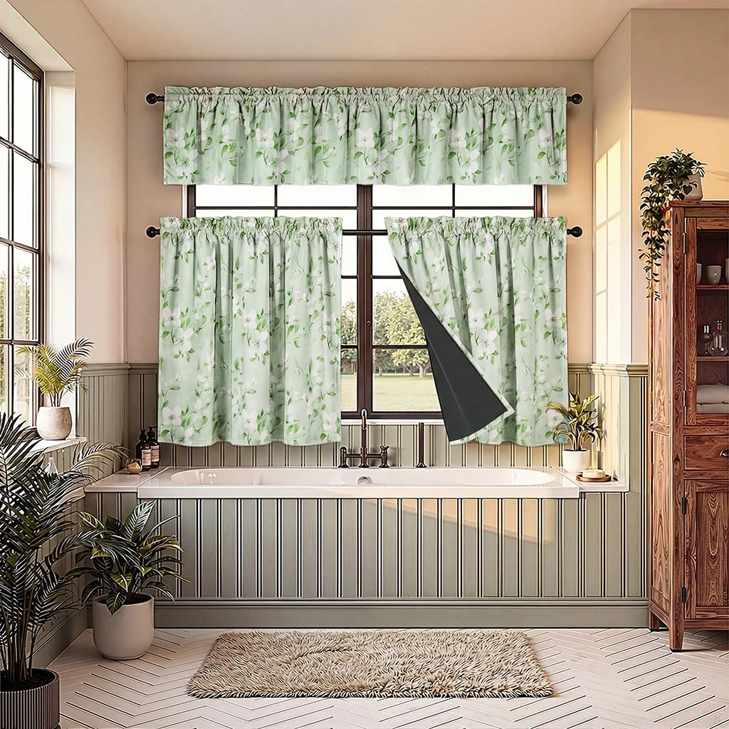 3-Piece Set, French-Style Watercolor Print Kitchen Blackout Curtain Set, Includes One Valance and a Pair of Small Curtains, Beautiful Illustration Print, Fade-Resistant, Ruffled Rod Pocket Design, Easy to Install, Lightweight and Soft, Black Coating Lining, 100% Blackout Effect, Privacy Protection, Polyester Material, Washable, Suitable for All Seasons, Darkens the Room, Suitable for Bedrooms, Living Rooms, Offices, Kitchens, Dining Rooms, Cafes, Dorms