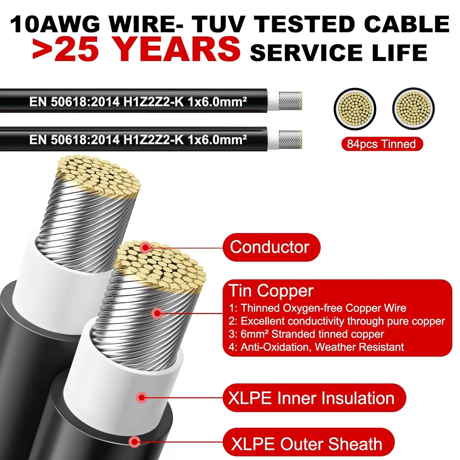 PowMr 100M 4/6mm2 كابل كهروضوئي سلك الطاقة الشمسية 10/11AWG للاتصال الكهروضوئي الأسود والأحمر لوحة طاقة شمسية تمديد كابل الأسلاك النحاسية #2