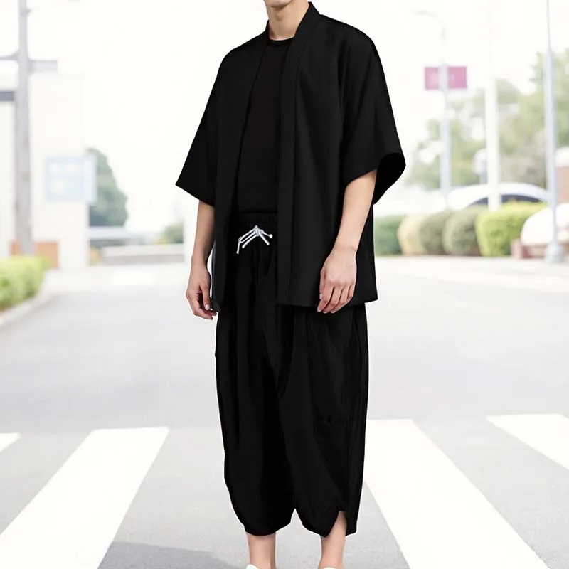 Men's Japanese Black Kimono Jacket Set Open Front 3/4 Sleeve Coat with Trousers Asian Chinese Style Printed Cardigan Suit