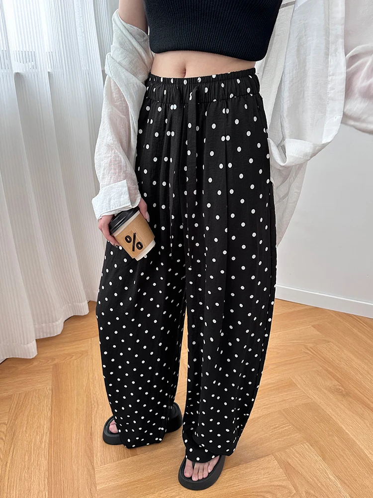 Polka Dot Linen wide pants，Women's High-Waisted Loose fit Long Pants，Spring Summer Casual Straight-Leg Pants，Flatters All Body T