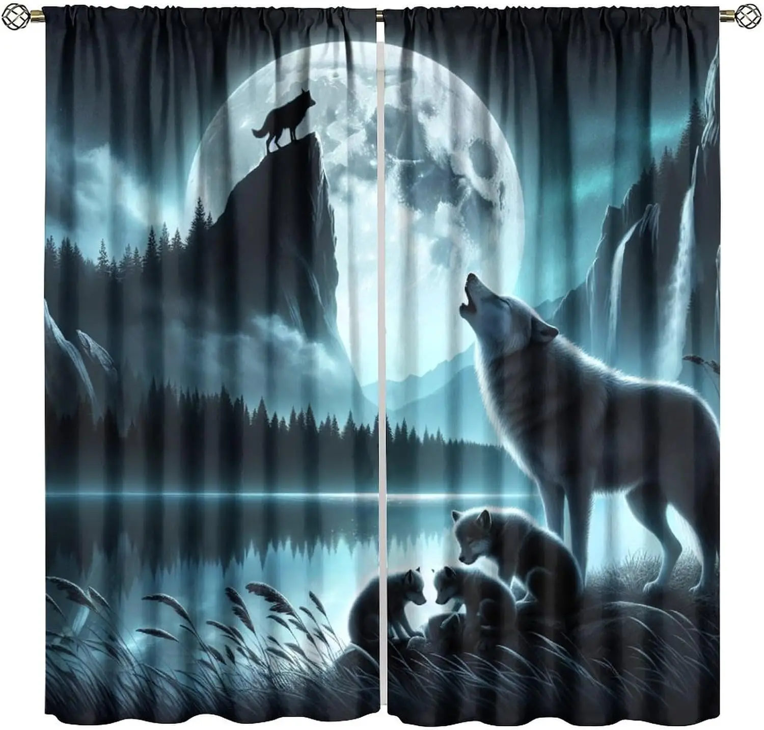 Moonlit Mountain Wolf Curtains, Howling Adult Wolf Puppy Lake Forest Cliff Night Wild Animal Print Drapes for Lodge Living Room
